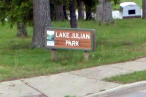 Lake Julian Park Sign at the corner of Long Shoals Road and Overlook Road