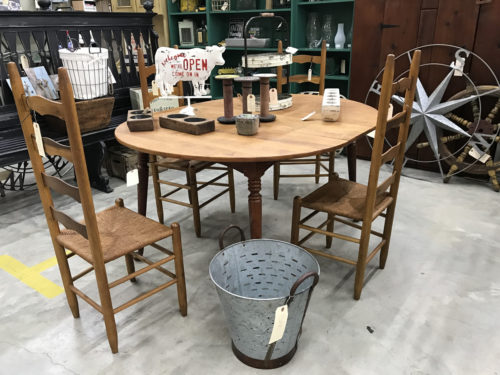 Ladderback chairs, Cow sign, oak table, bucket... Needful Things Antique Mall – Shopping near Meadowbrook Log Cabin, Hendersonville, NC