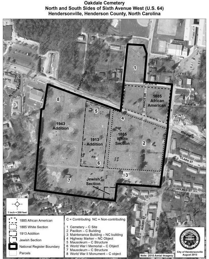 Map of Oakdale Cemetery - Wolfe's Angel Marble statue from the Asheville shop of W.O. Wolfe. Inspired title of son Thomas Wolfe's Look Homeward Angel. Stands 150 feet south. - Look Homeward Angel at Oakdale Cemetery – Near Meadowbrook Log Cabin, Hendersonville, NC