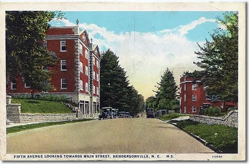 Old Postcard of Neo-Classical Revival Buildings on Fifth Avenue West looking toward Main Street Left 623-629 Maxwell Apartments ca. 1920, where the Flower Market is now Right 616 Ambassador Apartments ca. 1926 Both are probably designed by architect Erle Stillwell. - Laurel Park History Drive to Jump Off Rock - Things to do near Meadowbrook Log Cabin, Hendersonville, NC