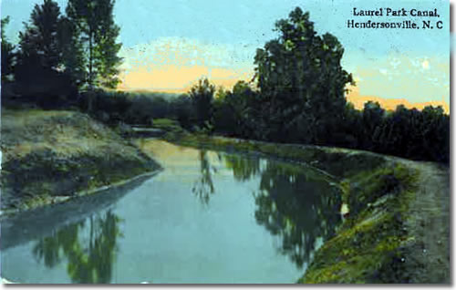 Old Postcard of the Canal - Gondolas, Canoes and other little boats could go back and forth between Rainbow Lake and Rhododendron Lake - Laurel Park History Drive to Jump Off Rock - Things to do near Meadowbrook Log Cabin, Hendersonville, NC