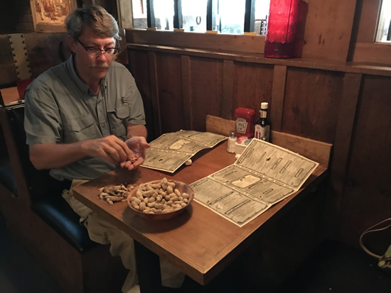 Peanuts while you study the menu in Binions Roadhouse in Hendersonville, NC
