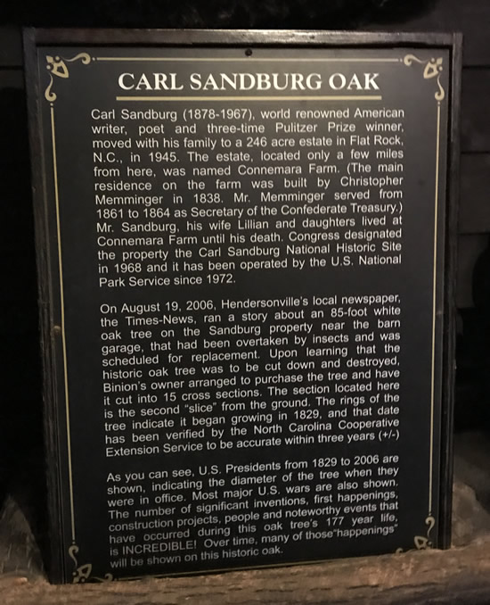 Carl Sandburg Oak at Binions Roadhouse in Hendersonville, NC