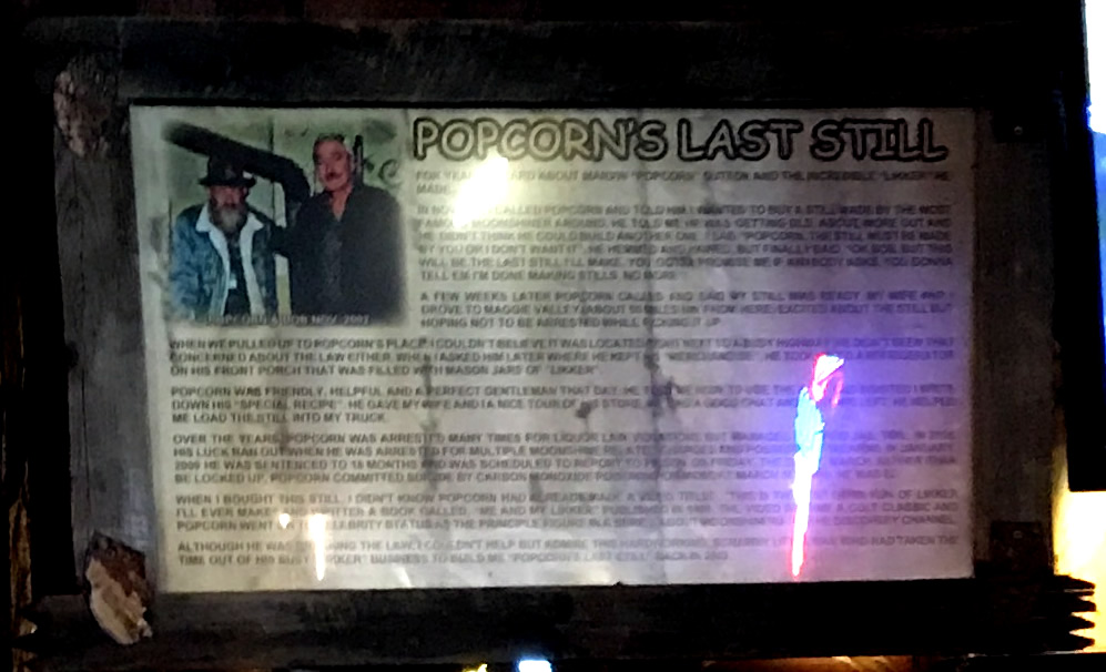Popcorn Sutton's Still is at Binions Roadhouse in Hendersonville, NC