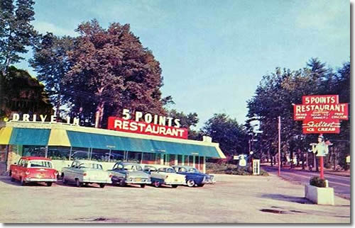 Old Postcard of 5 Points Restaurant and Drive in